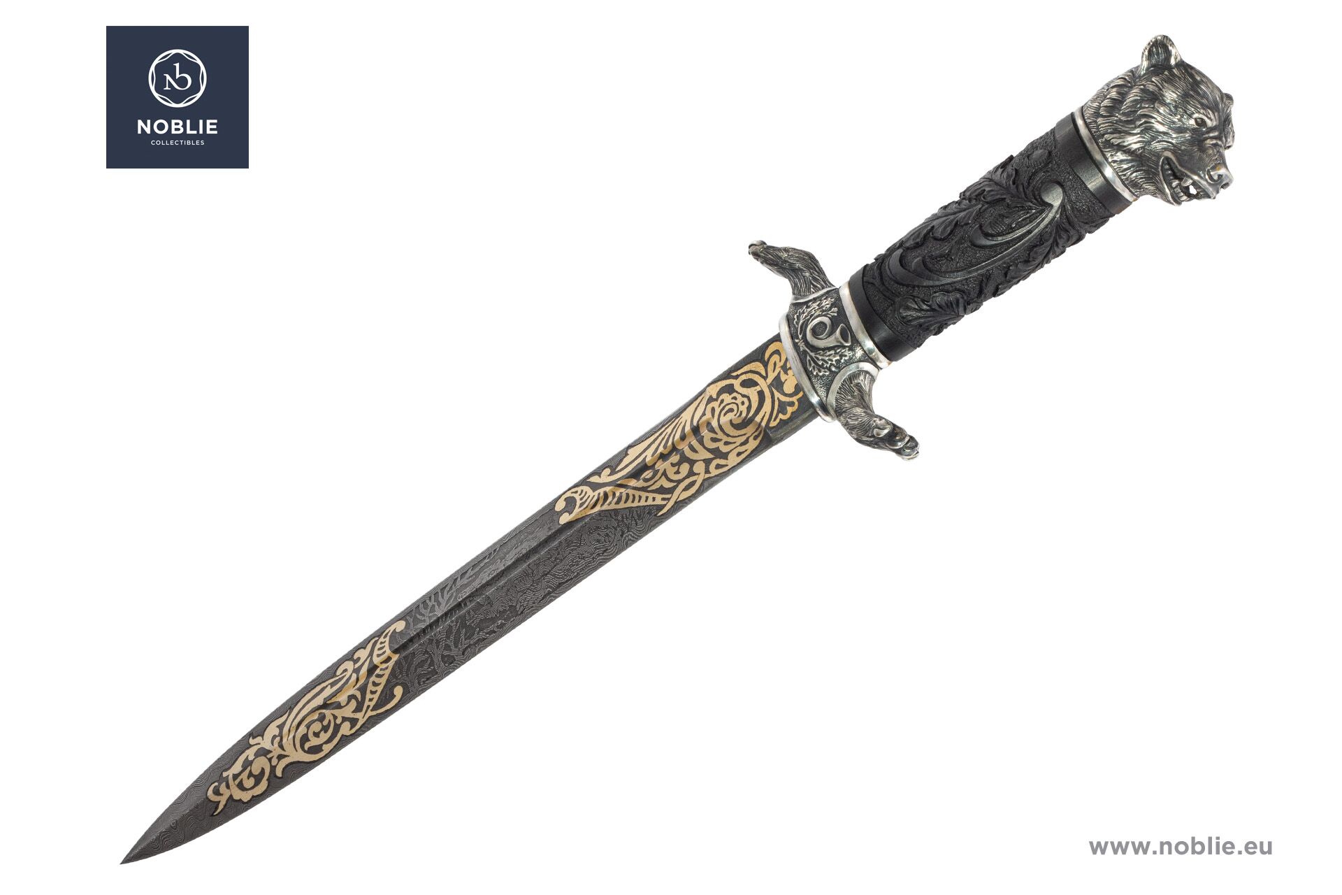 カスタムダガー - ダマスカスブレード、金箔彫刻、熊頭柄頭、彫刻され