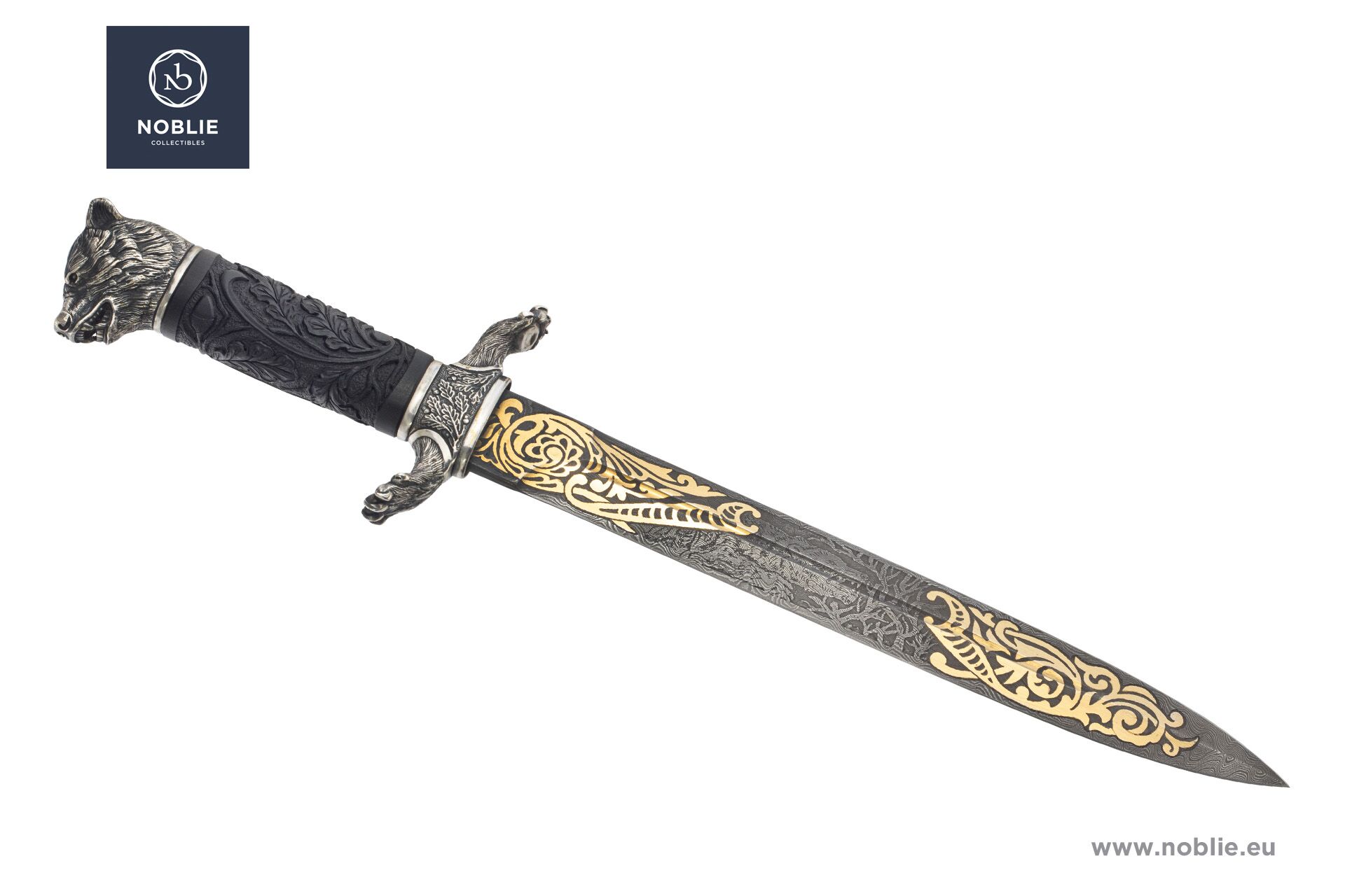 カスタムダガー - ダマスカスブレード、金箔彫刻、熊頭柄頭、彫刻され