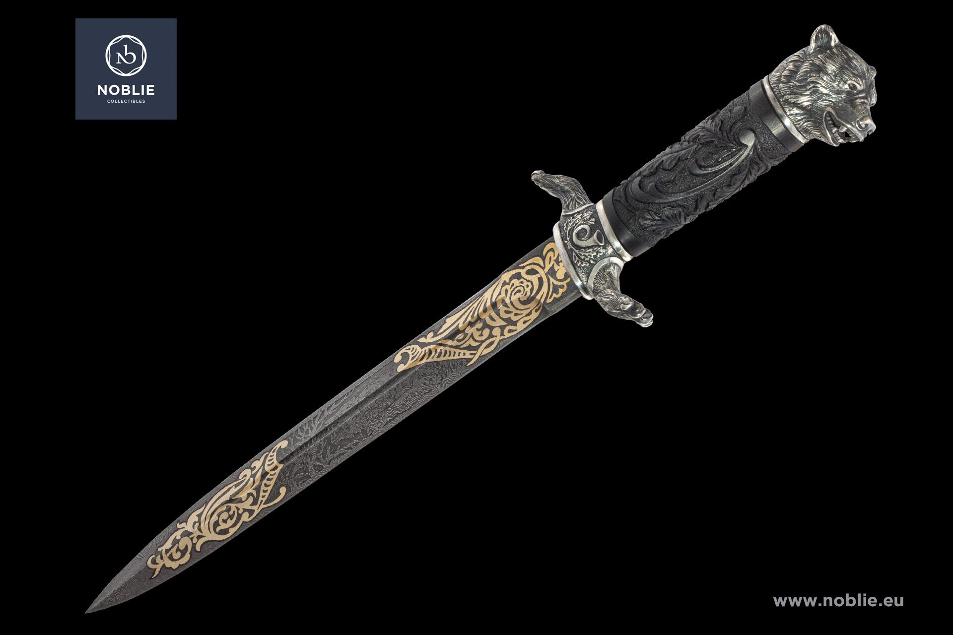 カスタムダガー - ダマスカスブレード、金箔彫刻、熊頭柄頭、彫刻され