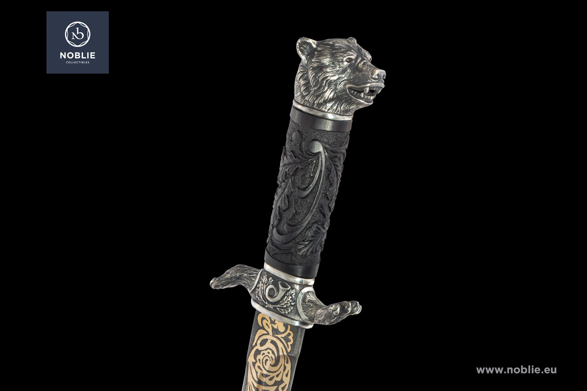 カスタムダガー - ダマスカスブレード、金箔彫刻、熊頭柄頭、彫刻され